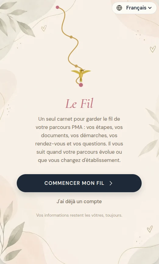 Écran de bienvenue de l'application Le Fil : le colibri doré au bout du fil, et le bouton « Commencer mon fil ».